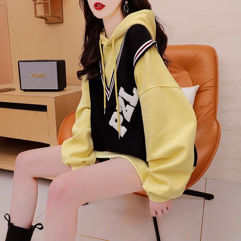 Modne preppy stilske spojene majice s kapuljačom za žene Jesen Zima Široke lažne dvodijelne majice Ženska odjeća