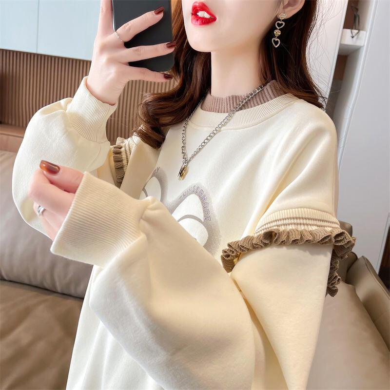 Jesenske korejske majice s dugim rukavima s o-izrezom Ženska odjeća Mladi stil Patchwork pulover T-shirts Femme Trend Top Tee