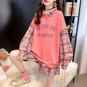 Есенни корейски пачуърк тениски с дълги ръкави с отложна яка Дамски дрехи Универсални карирани широки суичъри Фалшиви две части