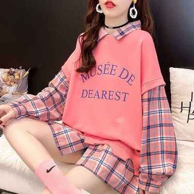 Есенни корейски пачуърк тениски с дълги ръкави с отложна яка Дамски дрехи Универсални карирани широки суичъри Фалшиви две части