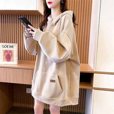 Pulover de pluș și îngroșat, cu glugă, de lungime medie, pentru femei, toamnă și iarnă 2023, noua versiune coreeană, haină largi, cu jumătate de fermoar