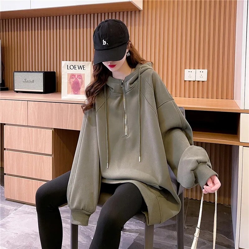 Pulover de pluș și îngroșat, cu glugă, de lungime medie, pentru femei, toamnă și iarnă 2023, noua versiune coreeană, haină largi, cu jumătate de fermoar