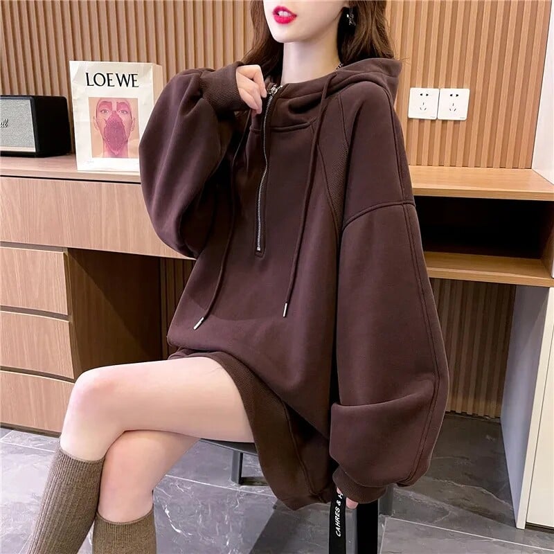 Pulover de pluș și îngroșat, cu glugă, de lungime medie, pentru femei, toamnă și iarnă 2023, noua versiune coreeană, haină largi, cu jumătate de fermoar