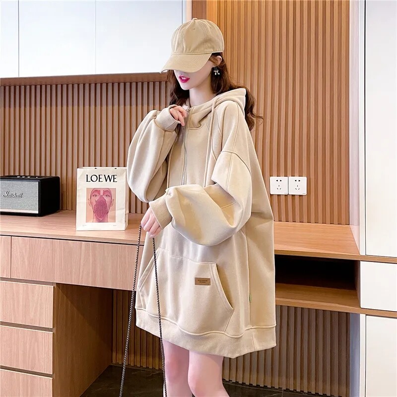 Pulover de pluș și îngroșat, cu glugă, de lungime medie, pentru femei, toamnă și iarnă 2023, noua versiune coreeană, haină largi, cu jumătate de fermoar