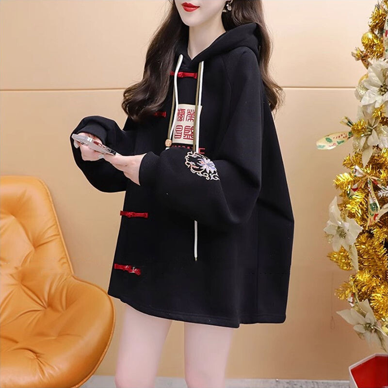 Jednobojni gornji dijelovi u kineskom stilu Ležerne ženske široke pulovere Nove majice s kapuljačom na gumbe Jesen Zima 2024. Ženska odjeća