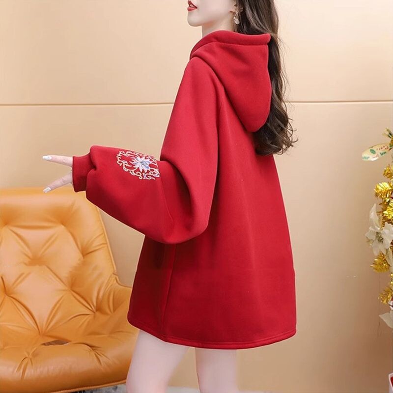 Jednobojni gornji dijelovi u kineskom stilu Ležerne ženske široke pulovere Nove majice s kapuljačom na gumbe Jesen Zima 2024. Ženska odjeća