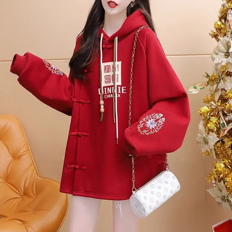 Jednobojni gornji dijelovi u kineskom stilu Ležerne ženske široke pulovere Nove majice s kapuljačom na gumbe Jesen Zima 2024. Ženska odjeća