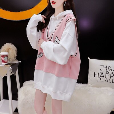 Modne preppy stilske spojene majice s kapuljačom za žene Jesen Zima Široke lažne dvodijelne majice Ženska odjeća