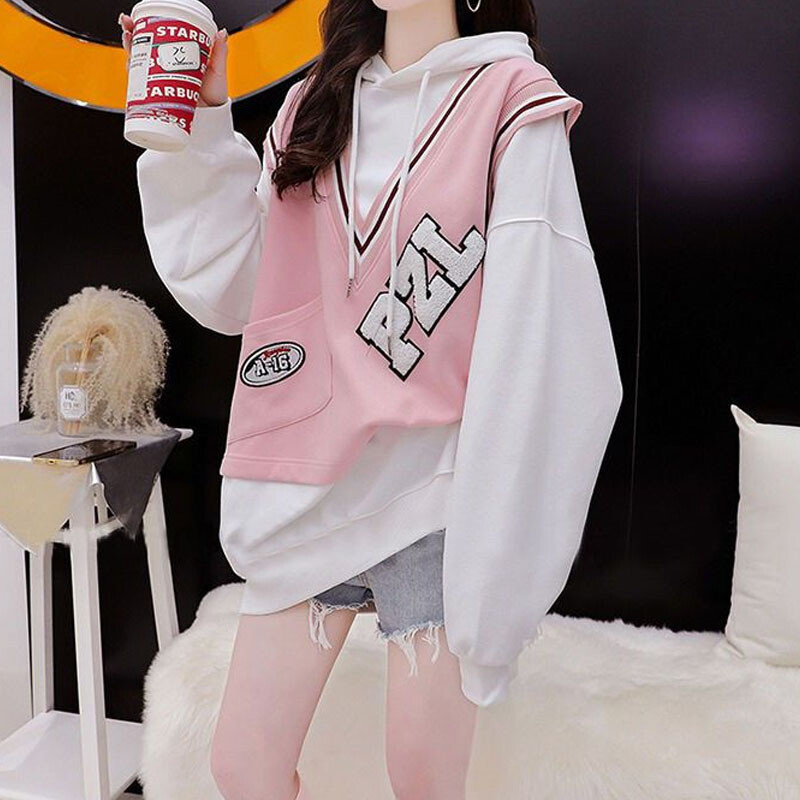 Modne preppy stilske spojene majice s kapuljačom za žene Jesen Zima Široke lažne dvodijelne majice Ženska odjeća
