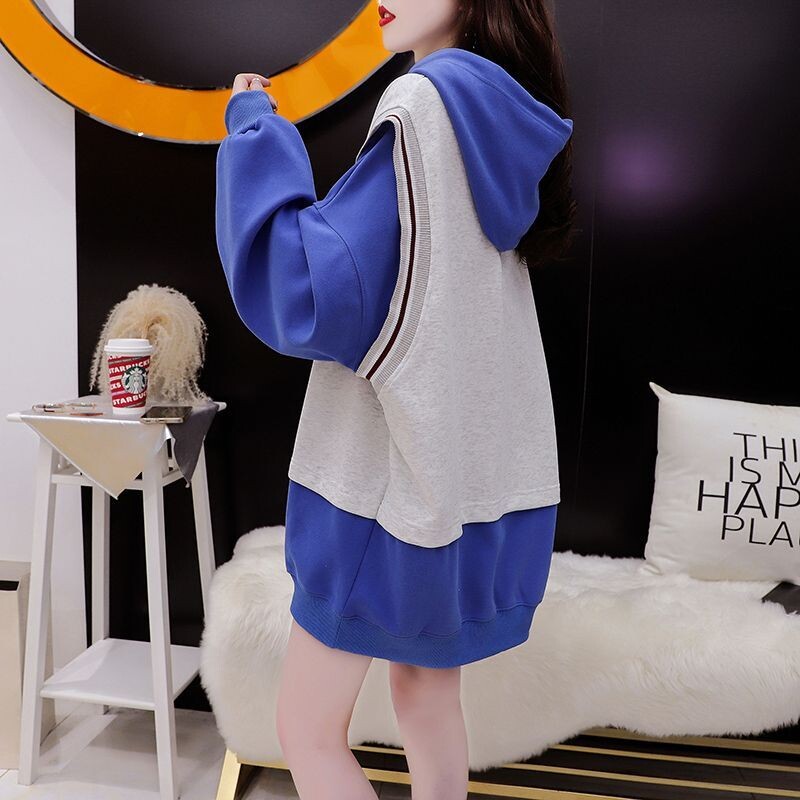 Modne preppy stilske spojene majice s kapuljačom za žene Jesen Zima Široke lažne dvodijelne majice Ženska odjeća