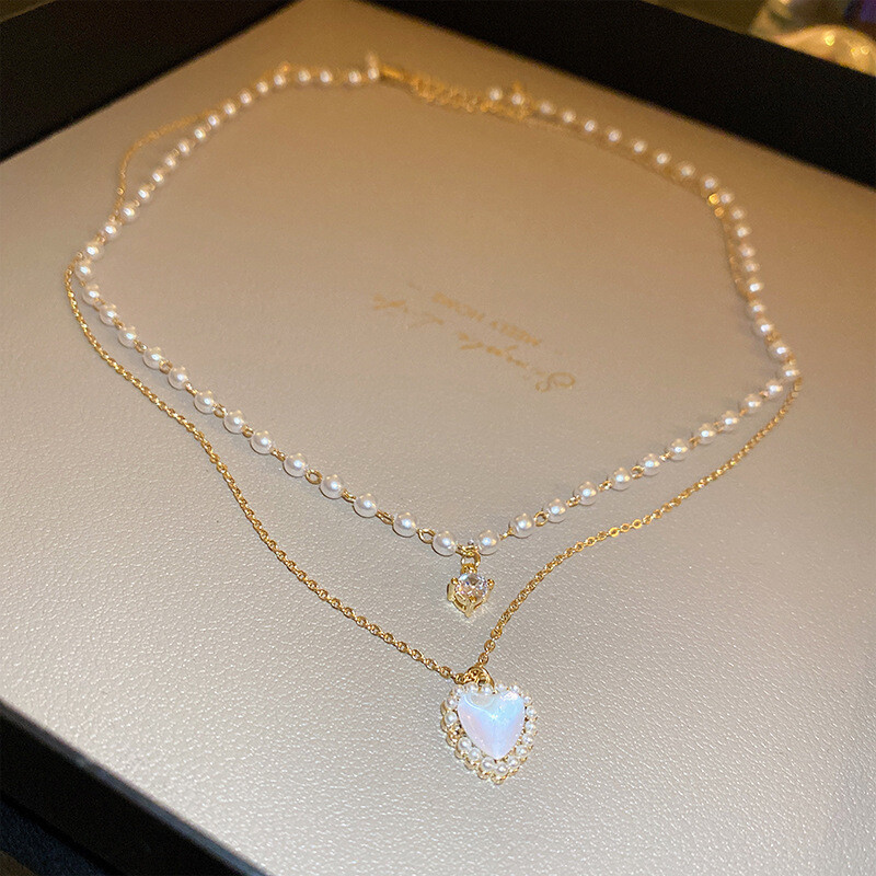 Френско ретро инкрустирано с диаманти перлено цвете любов котешко око колие модерна лека луксозна верига за ключицата от висок клас Колие за жени