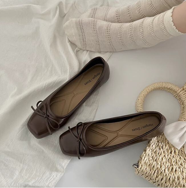 2024 лято нов стил лък квадратни пръсти плоски обувки сребърни плитка уста нежни боб обувки бабини обувки лъжичка обувки