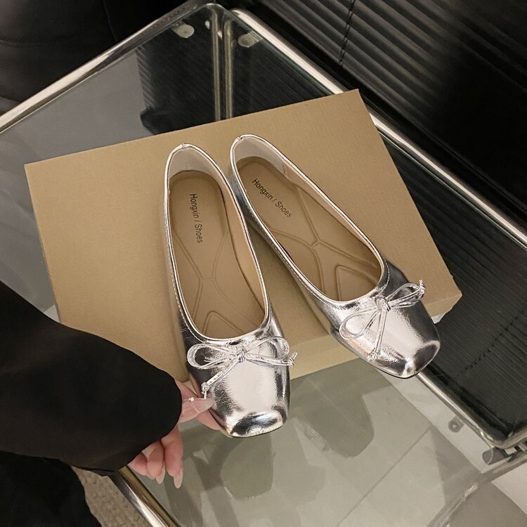 2024 лято нов стил лък квадратни пръсти плоски обувки сребърни плитка уста нежни боб обувки бабини обувки лъжичка обувки