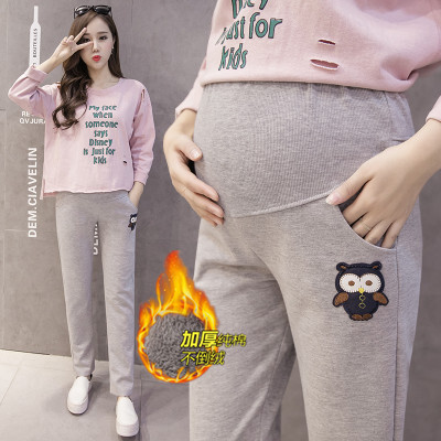 Модел за бременни 2023 зима нов стил бременни жени голям размер бухал плюс кадифе удебелени ежедневни поддържащи корема панталони за бременни жени