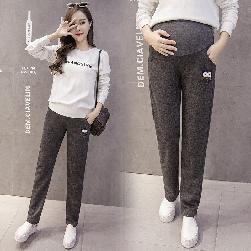 Модел за бременни 2023 зима нов стил бременни жени голям размер бухал плюс кадифе удебелени ежедневни поддържащи корема панталони за бременни жени