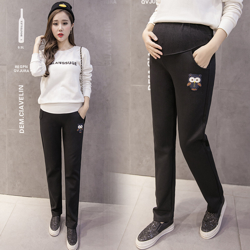 Модел за бременни 2023 зима нов стил бременни жени голям размер бухал плюс кадифе удебелени ежедневни поддържащи корема панталони за бременни жени