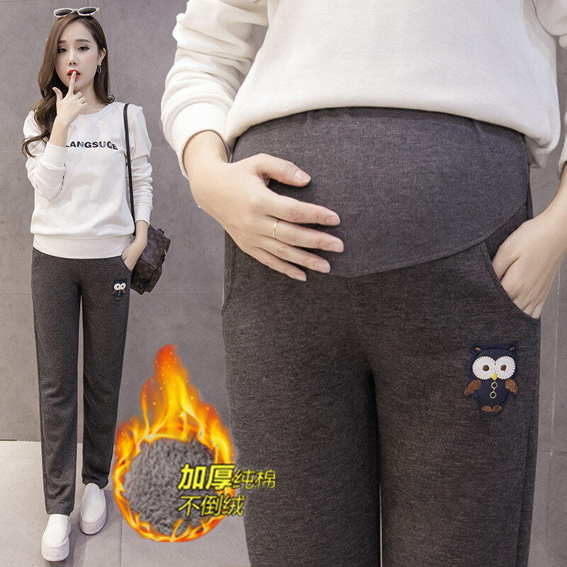 Модел за бременни 2023 зима нов стил бременни жени голям размер бухал плюс кадифе удебелени ежедневни поддържащи корема панталони за бременни жени