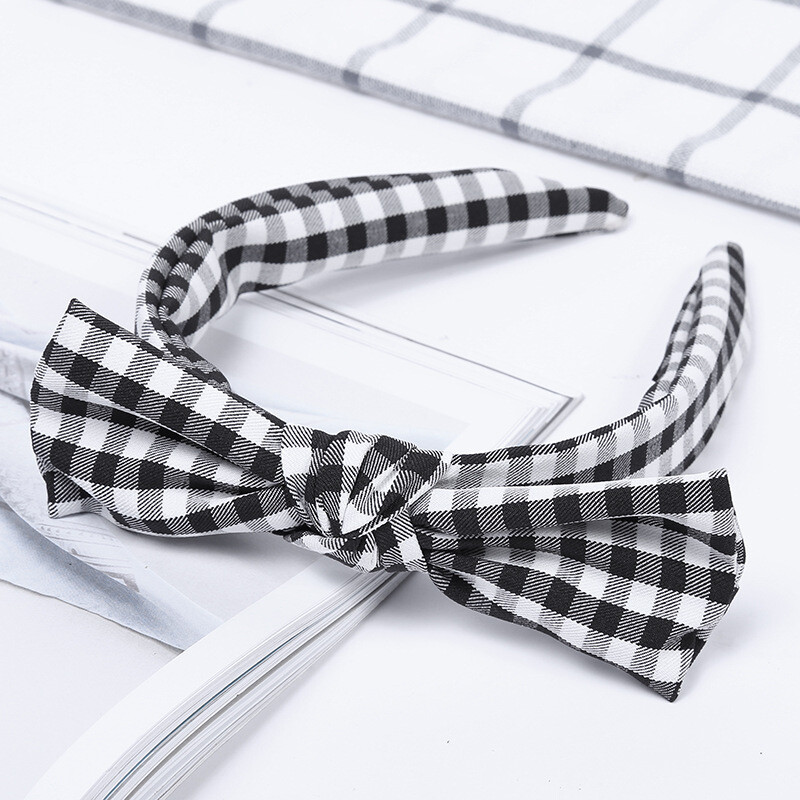 2023 Карирана лента за глава Модна карирана лента за глава в корейски стил Дамска лента за глава с панделка