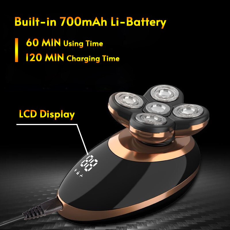 Електрическа самобръсначка 5 в 1 за мъже Машинка за подстригване на плешива коса Тример за нос Плаващи глави с 5 остриета Нож за бръснене на брада Акумулаторна самобръсначка