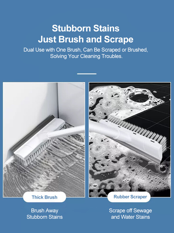 Grindų šveitimo šepetys su ilga rankena 2 viename braukiklis ir šepetys, standžių šerių grindų šepetys, skirtas vonios kambario valymui