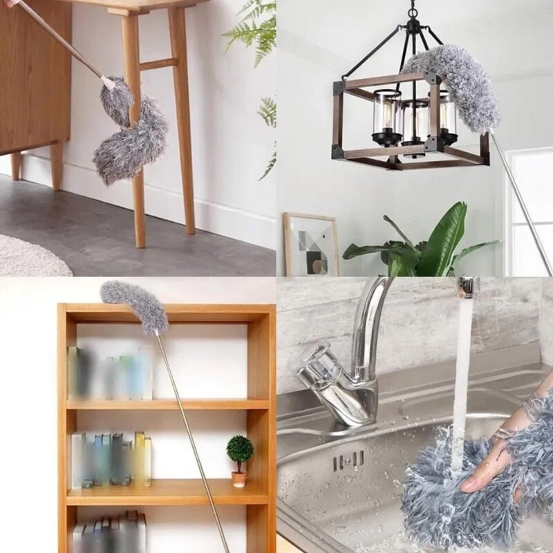 Ištraukiamas dulkių nerūdijančio plieno ilga rankena dulkių valymas automobilio valymo šepetys vištienos dulkių įrankiai Mikropluošto plunksnų dulkių korpusas F1I2