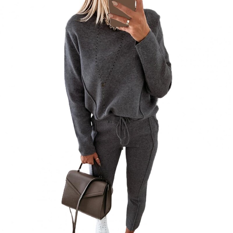 Есен Зима Комплект от две части Дамски екипи Пуловери с дълъг ръкав Суичъри Спортни панталони с шнурове Комплект от 2 части Дамски анцуг