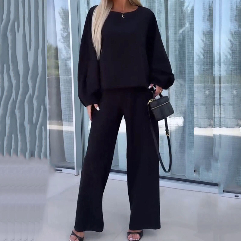 Нов есенен комплект блуза с О-образно деколте и панталон с еластична талия 2024 Елегантен тънък костюм от две части с дълъг ръкав Дамски плътен костюм за работа