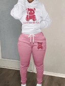 Lovely Bear Letter Print Kenguru Pocket Atlétaruha szett hosszú ujjú kapucnis + húzózsinóros nadrág női, két darabból összeillő öltöny