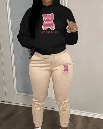 Lovely Bear Letter Print Kenguru Pocket Atlétaruha szett hosszú ujjú kapucnis + húzózsinóros nadrág női, két darabból összeillő öltöny