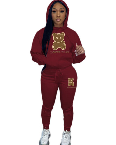 Lovely Bear Letter Print Kenguru Pocket Atlétaruha szett hosszú ujjú kapucnis + húzózsinóros nadrág női, két darabból összeillő öltöny