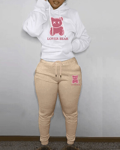 Lovely Bear Letter Print Kenguru Pocket Atlétaruha szett hosszú ujjú kapucnis + húzózsinóros nadrág női, két darabból összeillő öltöny