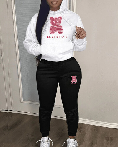 Lovely Bear Letter Print Kenguru Pocket Atlétaruha szett hosszú ujjú kapucnis + húzózsinóros nadrág női, két darabból összeillő öltöny