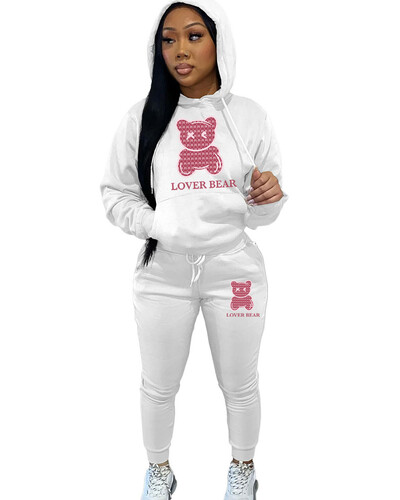 Lovely Bear Letter Print Kenguru Pocket Atlétaruha szett hosszú ujjú kapucnis + húzózsinóros nadrág női, két darabból összeillő öltöny