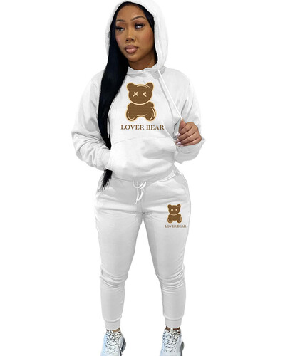 Lovely Bear Letter Print Kenguru Pocket Atlétaruha szett hosszú ujjú kapucnis + húzózsinóros nadrág női, két darabból összeillő öltöny
