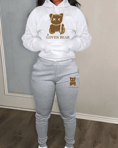 Lovely Bear Letter Print Kenguru Pocket Atlétaruha szett hosszú ujjú kapucnis + húzózsinóros nadrág női, két darabból összeillő öltöny