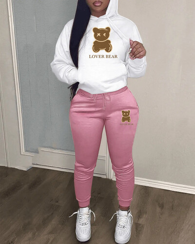 Lovely Bear Letter Print Kenguru Pocket Atlétaruha szett hosszú ujjú kapucnis + húzózsinóros nadrág női, két darabból összeillő öltöny