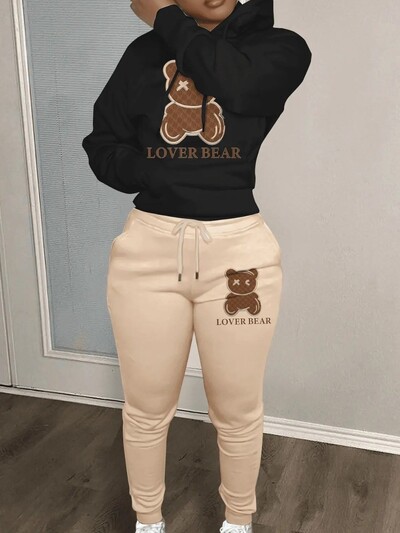 Lovely Bear Letter Print Kenguru Pocket Atlétaruha szett hosszú ujjú kapucnis + húzózsinóros nadrág női, két darabból összeillő öltöny