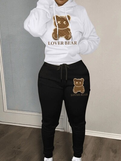 Lovely Bear Letter Print Kenguru Pocket Atlétaruha szett hosszú ujjú kapucnis + húzózsinóros nadrág női, két darabból összeillő öltöny