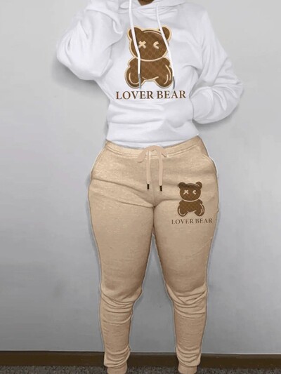 Lovely Bear Letter Print Kenguru Pocket Atlétaruha szett hosszú ujjú kapucnis + húzózsinóros nadrág női, két darabból összeillő öltöny