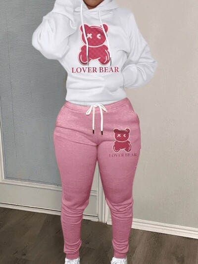 Lovely Bear Letter Print Kenguru Pocket Atlétaruha szett hosszú ujjú kapucnis + húzózsinóros nadrág női, két darabból összeillő öltöny