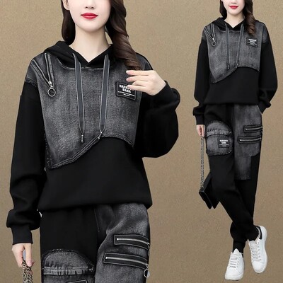 2023 Spring Autumn New Fashion Sports Set Women`s Patchwork Denim Hooded Sweater Casual Pants Long Sleeve Two Piece Suits Female