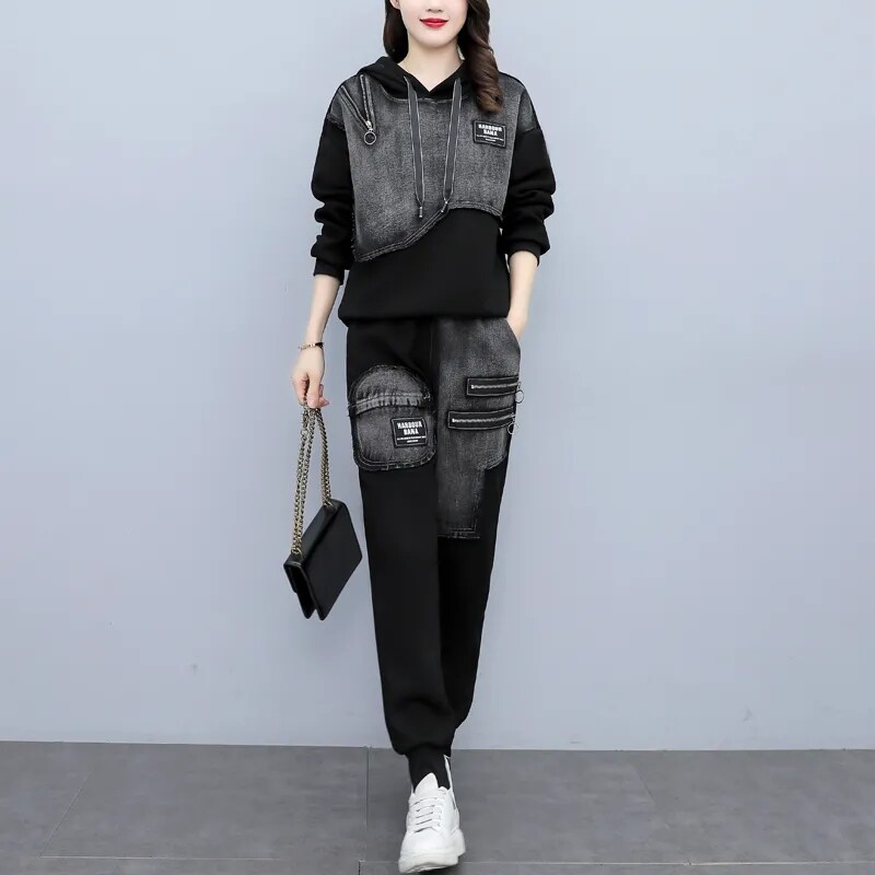 2023 m. pavasario ruduo Naujas mados sportinis komplektas Moteriškas džinsinis megztinis su gobtuvu Laisvalaikio kelnės ilgomis rankovėmis, dviejų dalių kostiumai, moteriški