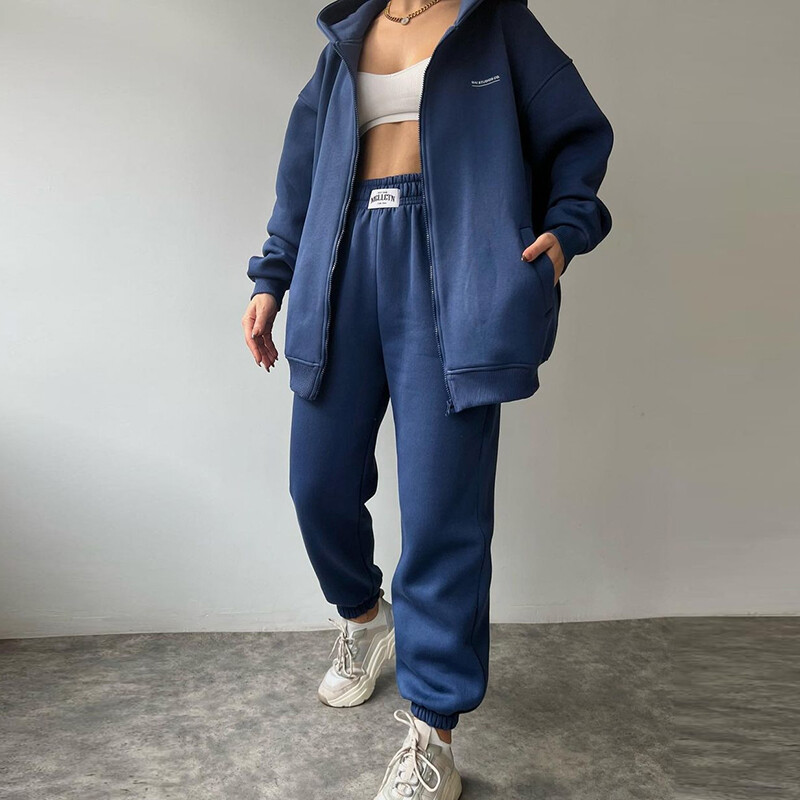 Зимен топъл костюм за 2023 г. Дамски плътни връхни дрехи с дълъг ръкав и цип, суичър и панталон с джобове Комплект от две части Ежедневни свободни комплекти с качулка