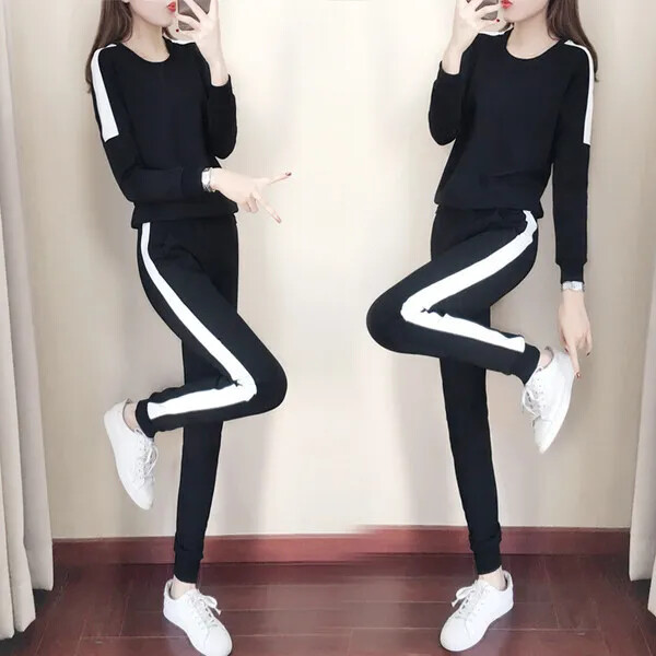 Moterų rudens/žiemos laisvo kirpimo spalvotų megztinių kelnių rinkinys Madingas dviejų dalių sporto salės apranga