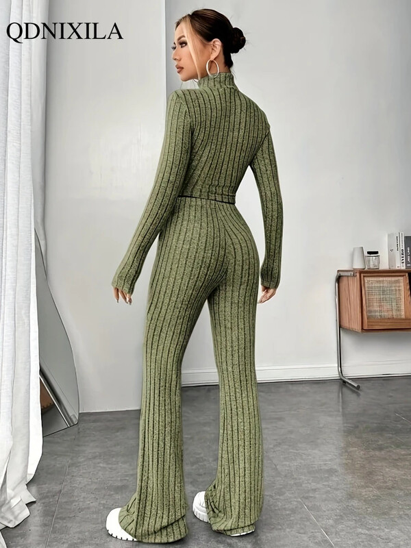 Елегантни дамски комплекти Есен 2024 Ежедневни плетени комплекти с висока талия Корейски моден пуловер с висока яка, Комплекти от 2 части Дамско облекло
