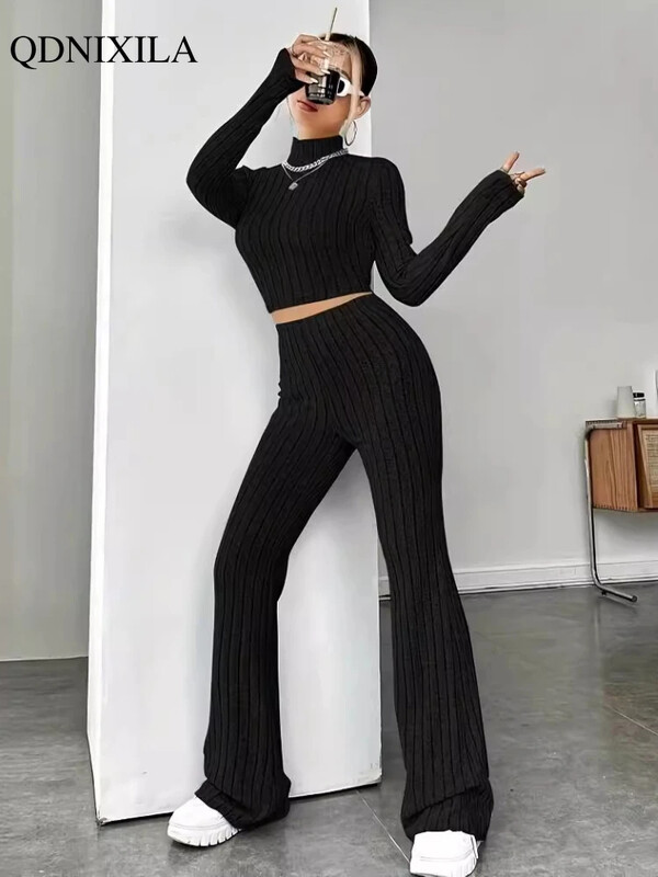 Елегантни дамски комплекти Есен 2024 Ежедневни плетени комплекти с висока талия Корейски моден пуловер с висока яка, Комплекти от 2 части Дамско облекло