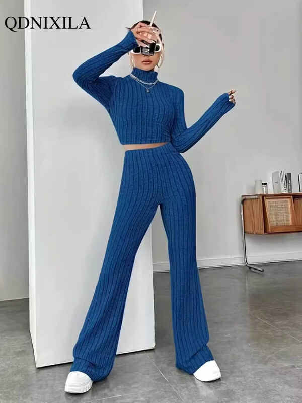 Елегантни дамски комплекти Есен 2024 Ежедневни плетени комплекти с висока талия Корейски моден пуловер с висока яка, Комплекти от 2 части Дамско облекло