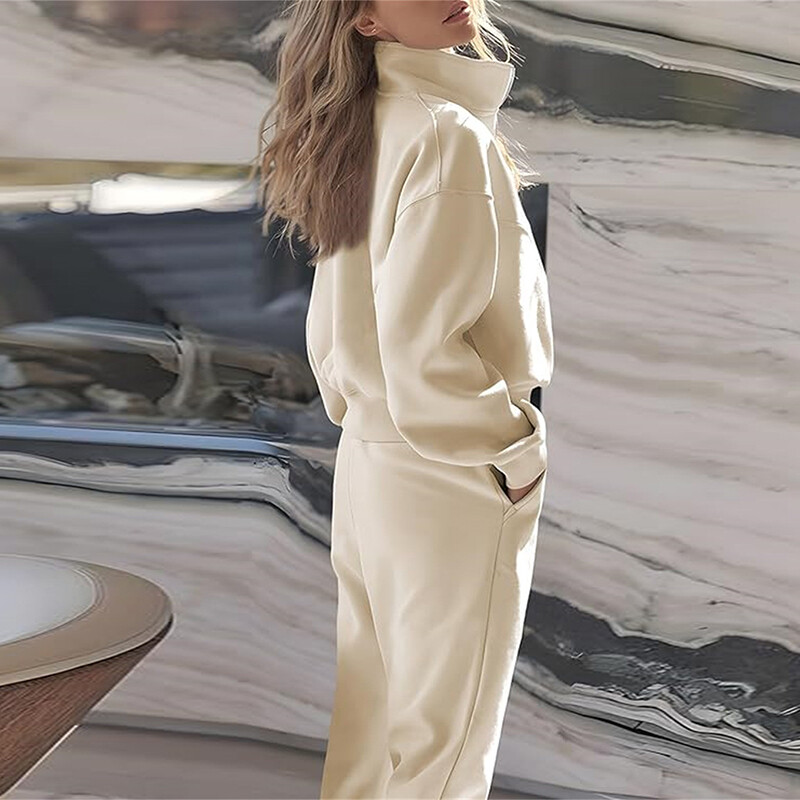 Есенно-зимна свободна риза с дълъг ръкав и ревер с цип и джобни панталони Дамски ежедневни комплекти от две части Елегантен анцуг