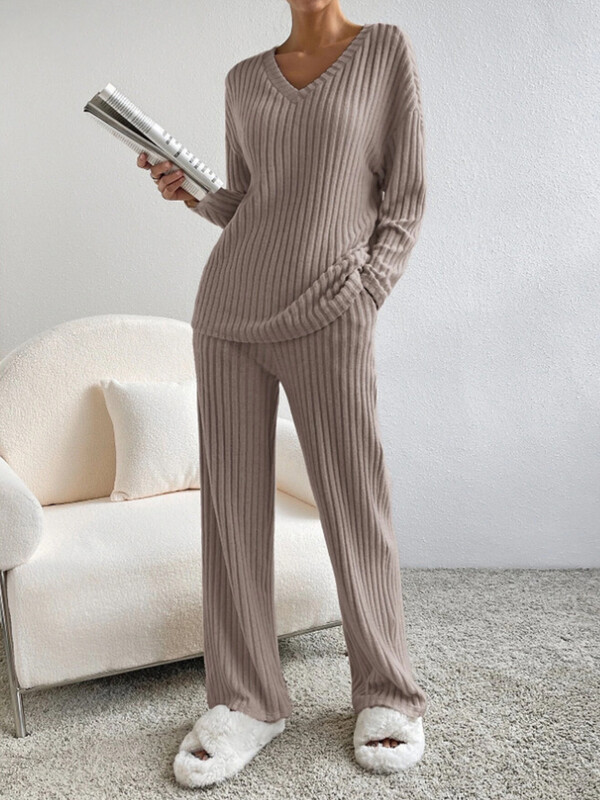 Оребрени Ежедневни Свободни Елегантни Топ Тоалети Офис Дами Право V Деколте С Дълъг Ръкав Комплект Панталони от 2 части Дамски Зимни Есенни Шик Дрехи