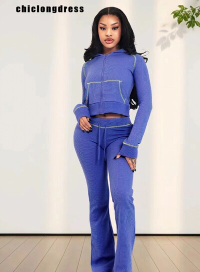 Toamnă Iarnă Moda Sport Stil Set Două Piese Femei Casual Solid Fermoar Hanoră Pantaloni Trompeta Set Două Piese Femei